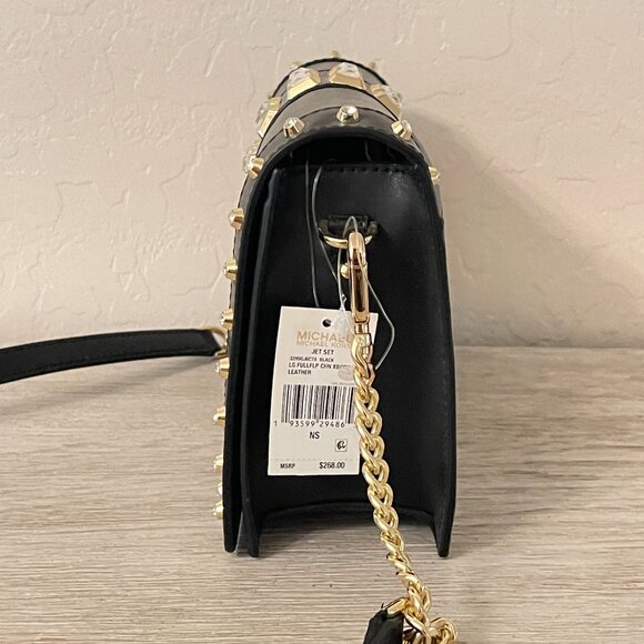 New Michael Kors Crossbody Bag Black Gold Rhinestone Crystal Studs Chain Flap MK - Picture 5 of 14